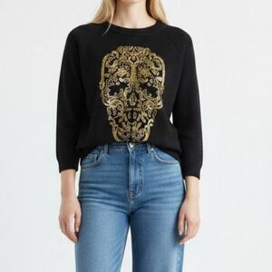 Autumn Cashmere Sugar Skull Beaded Sweater Large Bronze Sequin Black Women